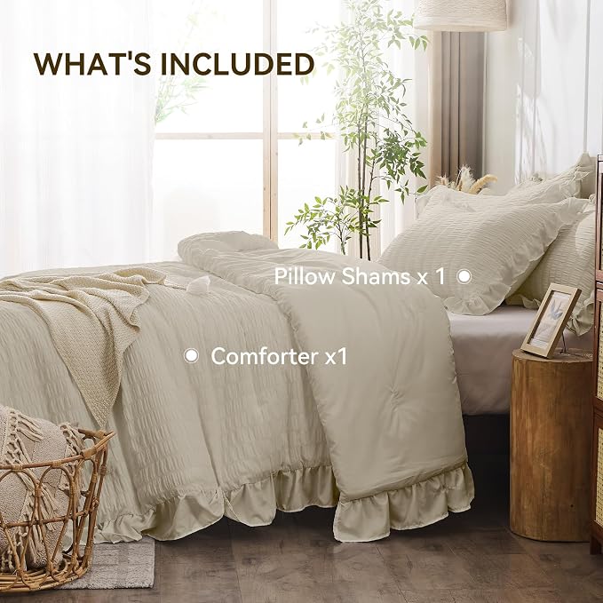 JOLLYVOGUE Twin Size Comforter Set, 2 Pieces Oatmeal Seersucker Lightweight - Image 5