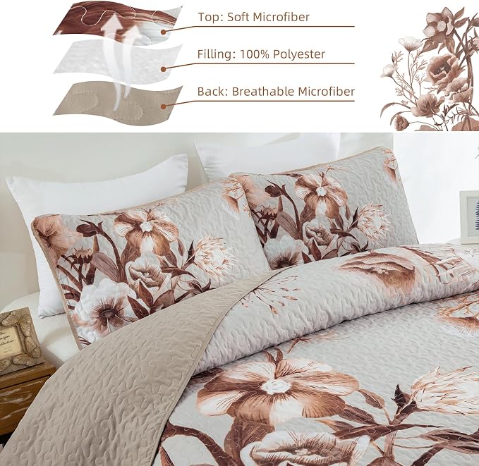 Khaki Floral Quilt Set Queen 3 Pieces Boho Flower Quilt Coverlet Set Soft - Image 5