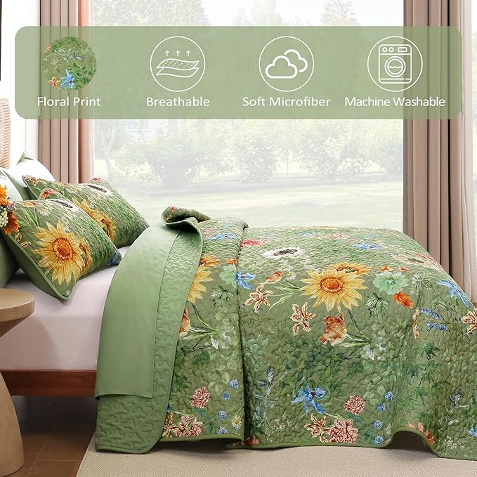Yiran Floral King Size Quilt, 3 Pieces Botanical Spring Summer Soft Lightweight - Image 6