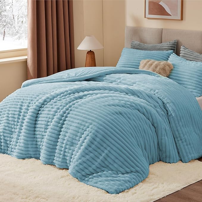 BEDELITE Fleece Queen Comforter Set -Super Soft & Warm Fluffy Light Blue Bedding - Image 3