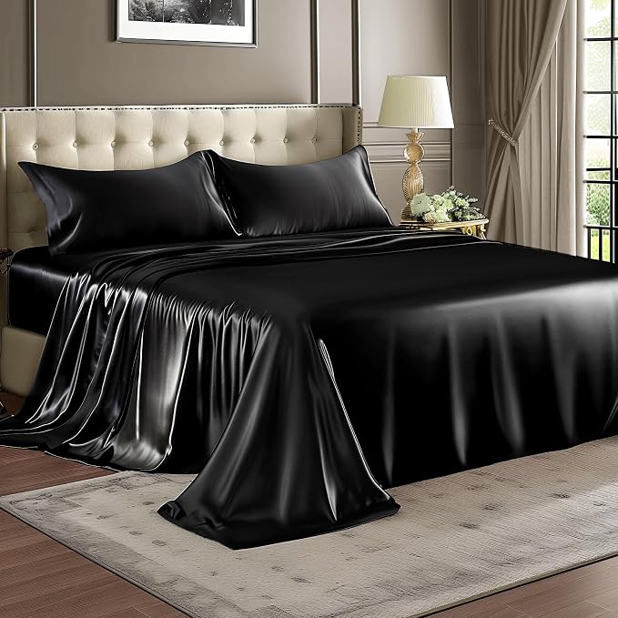 BEDELITE Satin Sheets Full XL Size Bed Set, Luxury Soft Black Silky Sheets - Image 2