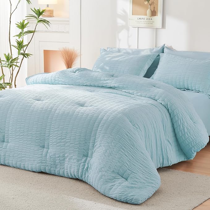 HYMOKEGE Lake Blue Twin Comforter Set Seersucker 5 Pieces, All Season Luxury - Image 8