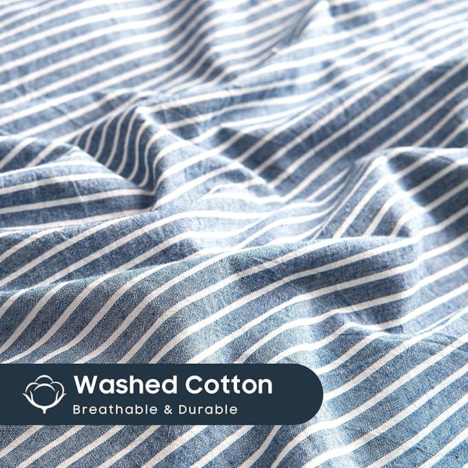 Wake In Cloud - Striped Cotton Duvet Cover Set, 100% Washed Cotton Textured - Image 6