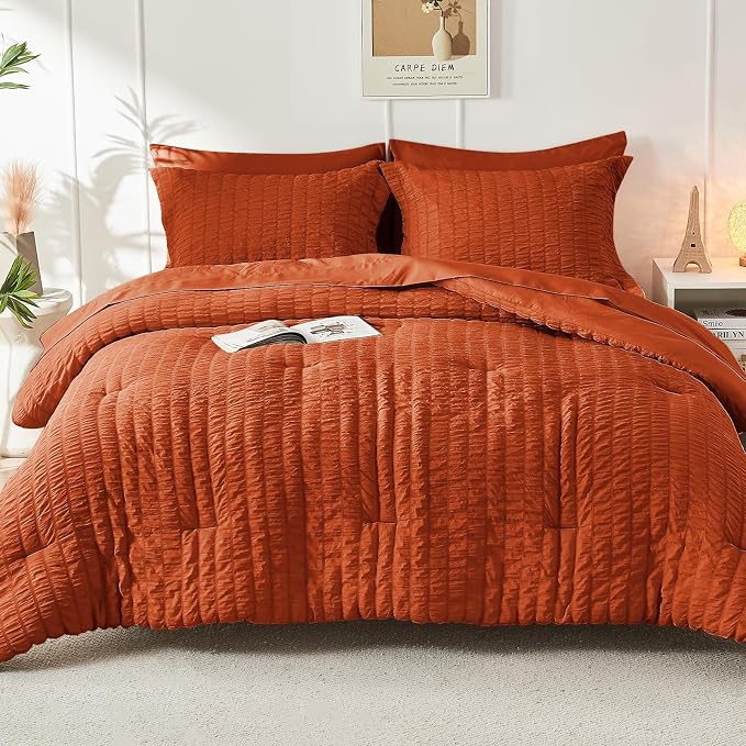 HYMOKEGE Burnt Orange California King Comforter Set Seersucker 7 Pieces - Image 8