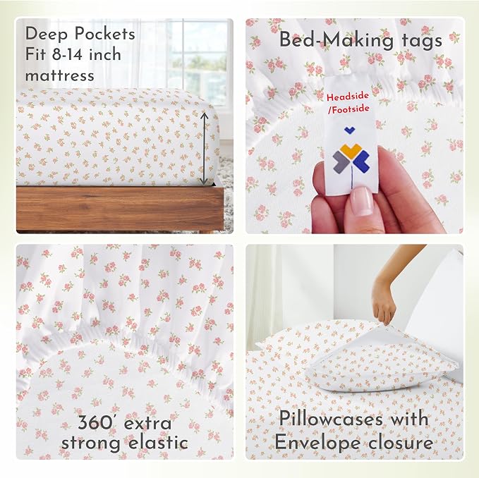 California Design Den Full Sheet Set Floral Pattern, 100% Cotton, Deep Pocket - Image 7