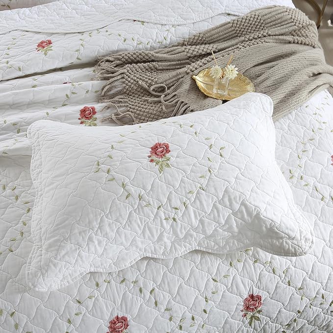 ROOMLIFE Quilt Set King Size 3D Floral Peony Embroidery Pattern 3-Piece Cotton - Image 4