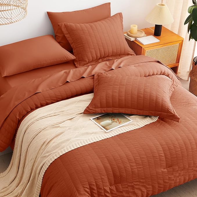 CozyLux Oversized King Comforter Set Burnt Orange Seersucker 7 Pieces 120x98 - Image 6