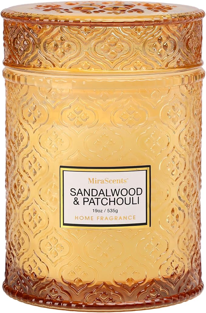 Sandalwood & Patchouli Candle, Luxury Decorative Glass Candle 19oz, Soy Wax by MiraScents