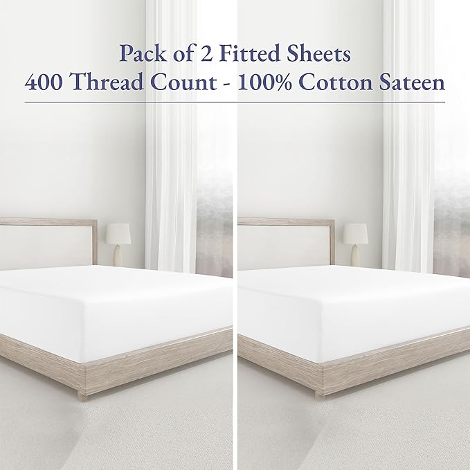 2 Twin Fitted Sheet Cotton, 400 Thread Count 100% Cotton Fitted Sheets Sateen - Image 4
