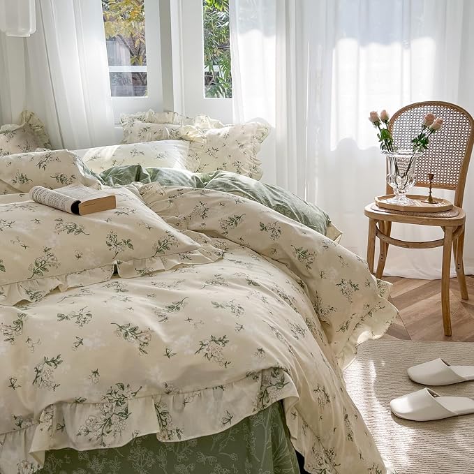 MKXI Botanical Floral Duvet Cover Full Beige Girls Floral Ruffled Bedding Set - Image 4