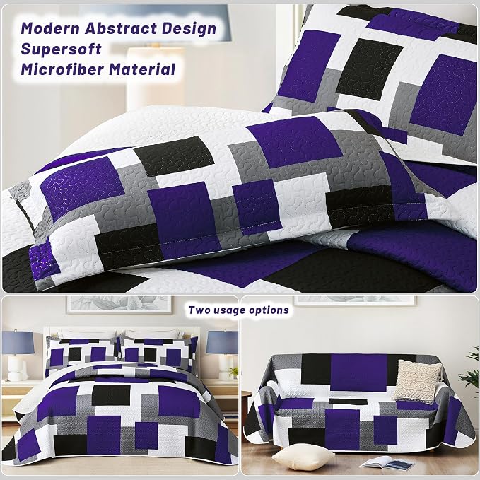 Tyrot 3 Piece Dark Purple Grey Quilt Set King Size Black White Geometric - Image 3