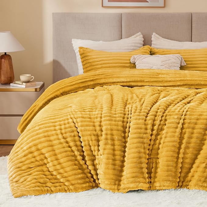 BEDELITE Fleece Twin Comforter Set -Super Soft & Warm Fluffy Mustard Yellow by BEDELITE