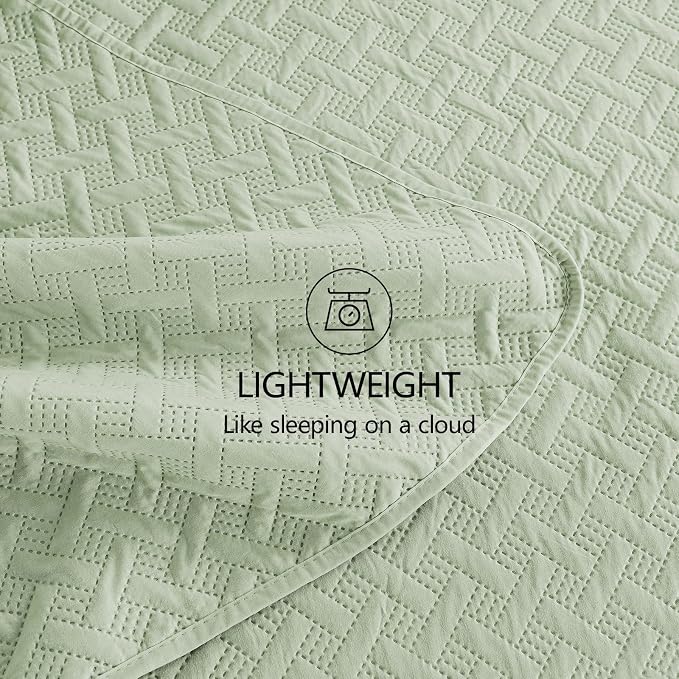 FLYMME Twin Quilt Set, Lightweight Sage Green Bedspreads, Basket Weave Pattern - Image 7