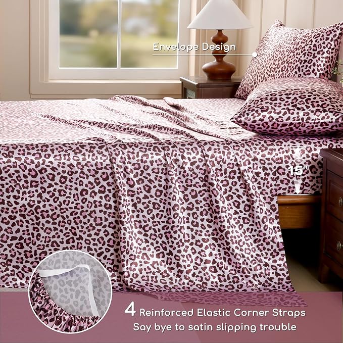 MR&HM Satin Bed Sheets with Elastic Corner Straps, Full Size Sheets Set - Image 5