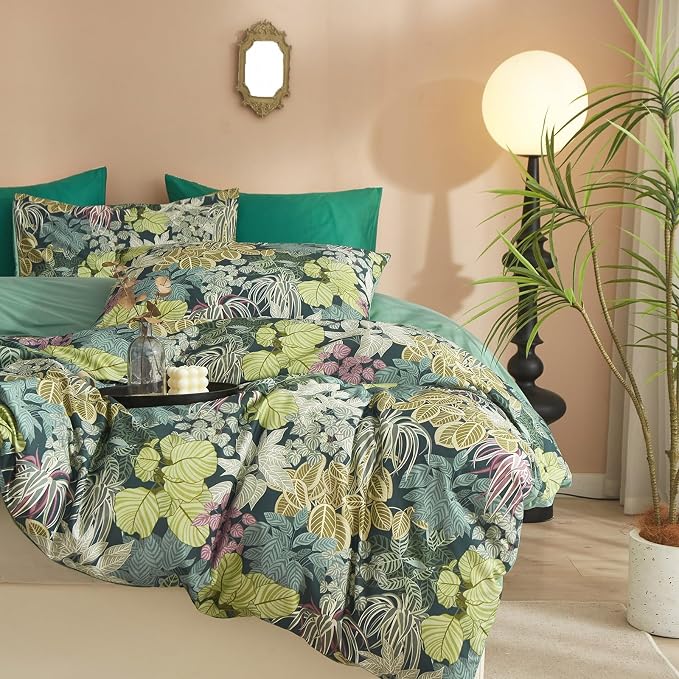 mixinni 100% Cotton Tropical Botanical Green Leaves Duvet Cover Queen Tree - Image 4