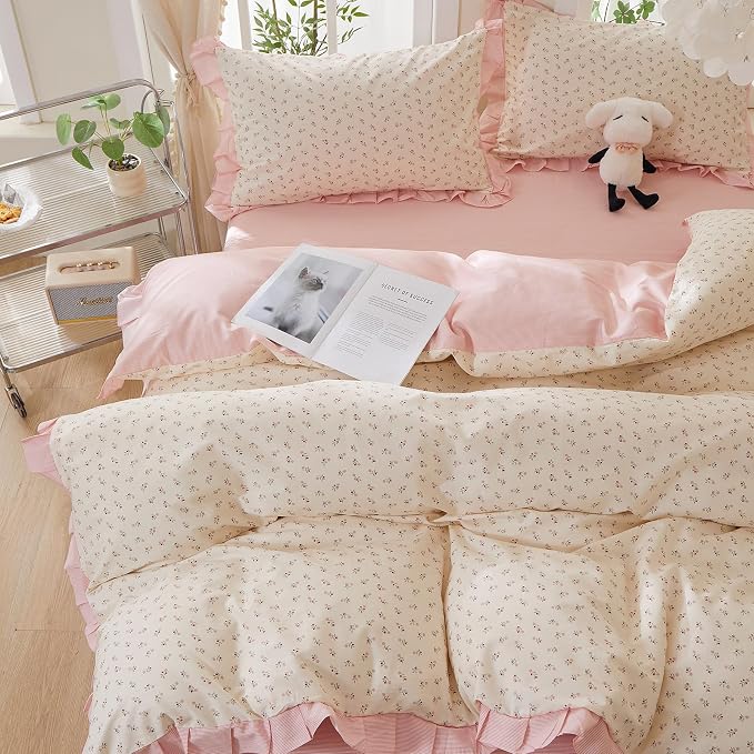 mixinni Pink Floral Duvet Cover Set Twin Size – 100% Cotton Ruffle Lace Bedding by mixinni