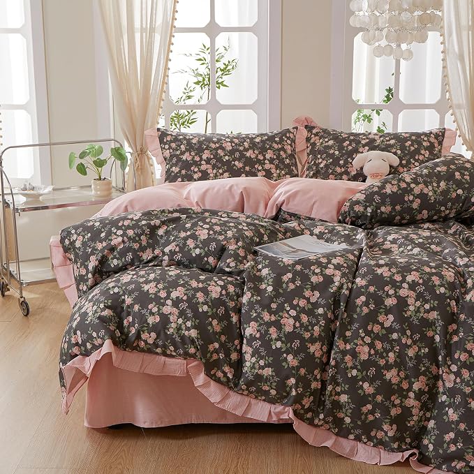 mixinni Vintage Floral Duvet Cover Set Twin Size – 100% Cotton Ruffle Lace by mixinni