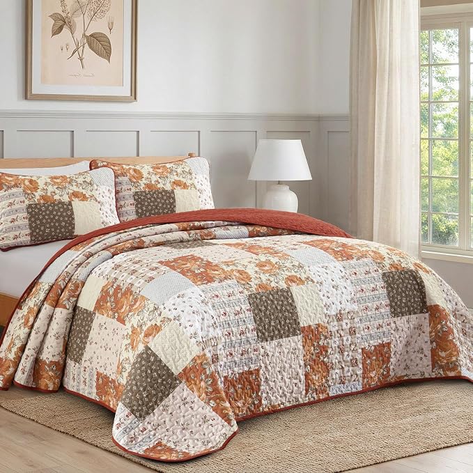 Patchwork Quilts Set King Size 3 Pieces Terracotta Plaid Bedspread Coverlet Set - Image 2
