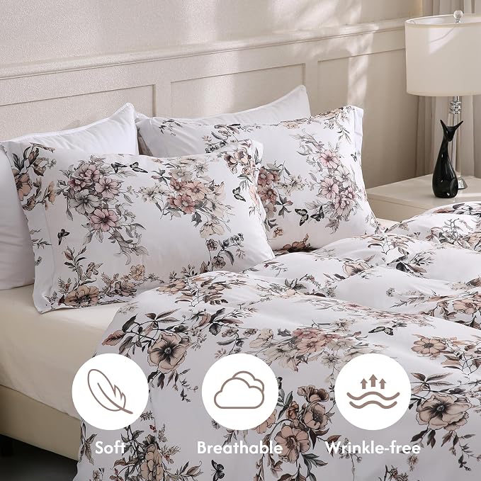 LONAVA Queen Floral 3 Pcs Duvet Cover Set, Breathable Soft Microfiber Light - Image 3