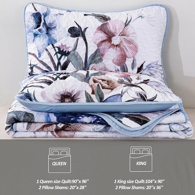 Floral Quilt Set King 3 Pieces Light Blue Floral Quilt Coverlet Set Soft - Image 7