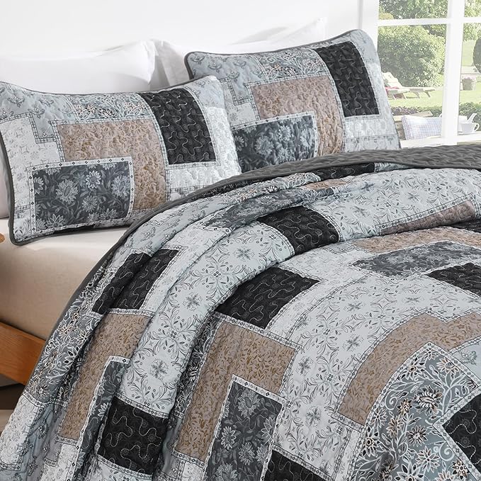 Xruibed Grey Quilt Set Queen Size 3 Pieces Plaid Floral Boho Bedspread Coverlet - Image 5