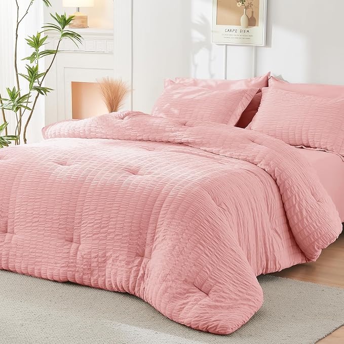 HYMOKEGE Rose Pink Twin Comforter Set Seersucker 5 Pieces, All Season Luxury - Image 7