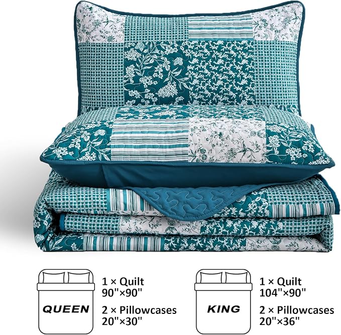 Mybedsoul Teal Blue Quilt Set Queen Size 3 Pieces Boho Plaid Turquoise Floral - Image 5