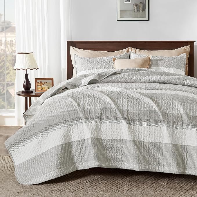 Andency Queen Quilt Bedding Set Linen Grey, 3 Pieces Patchwork Summer Striped by Andency