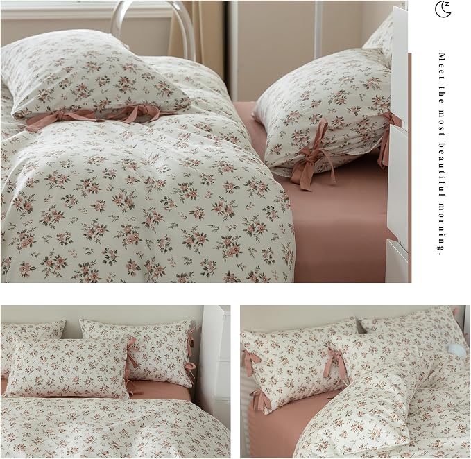 mixinni Vintage Style Girls Pale Pink Flower Pattern Duvet Cover Queen Soft - Image 7