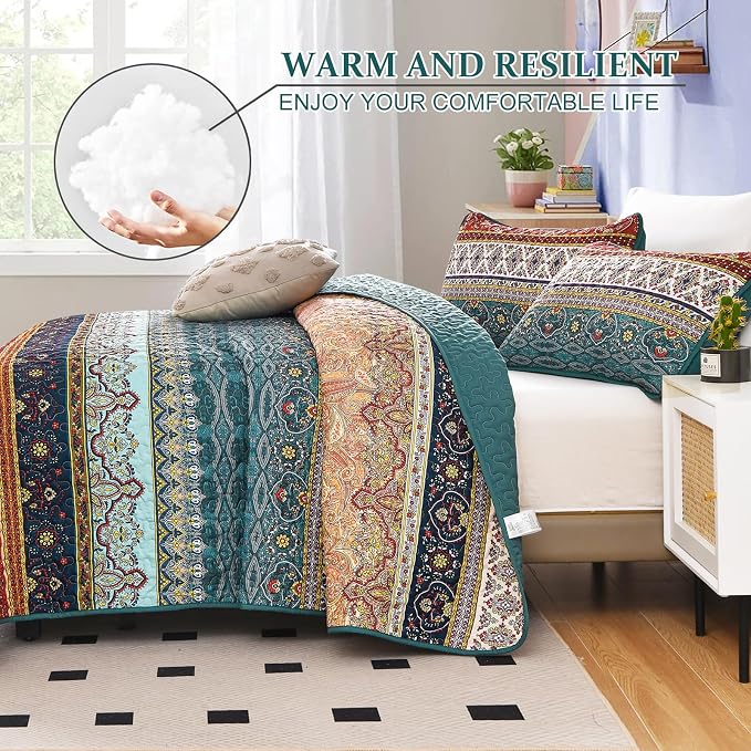 WONGS BEDDING Boho Queen Quilt Set, Lightweight Microfiber Bed Decor Bedspread - Image 3