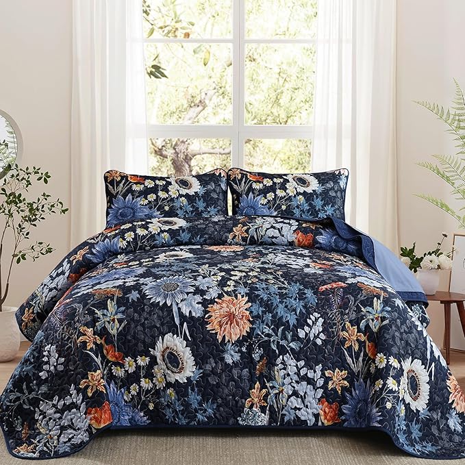 Yiran Navy Blue Sunflower Floral Quilts Queen Size, Botanical Fall Bedspread by Yiran