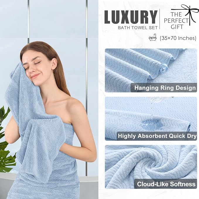 8 Piece Bath Towel Set Blue|2 Oversized Large Bath Sheet, 2 Hand Towels - Image 3