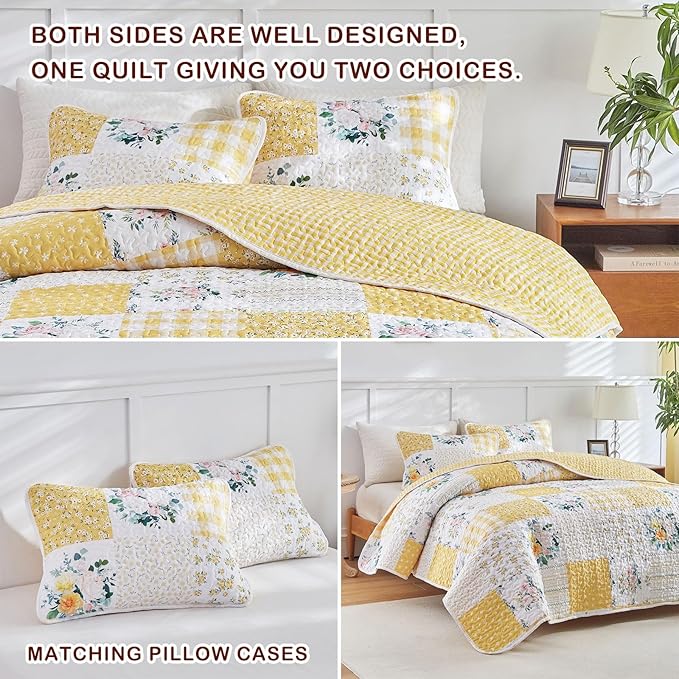 Joyreap 3 Pieces Floral Patchwork Quilt Set King, Soft n Cozy Microfiber Quilt - Image 6