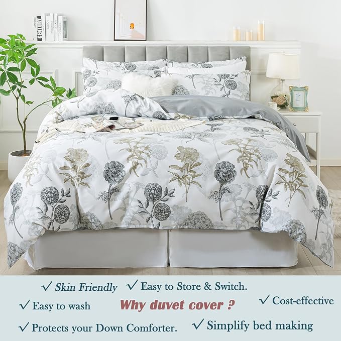 FADFAY Floral Duvet Cover Sets King/Cal King 100% Cotton Ink Grey Vintage - Image 7