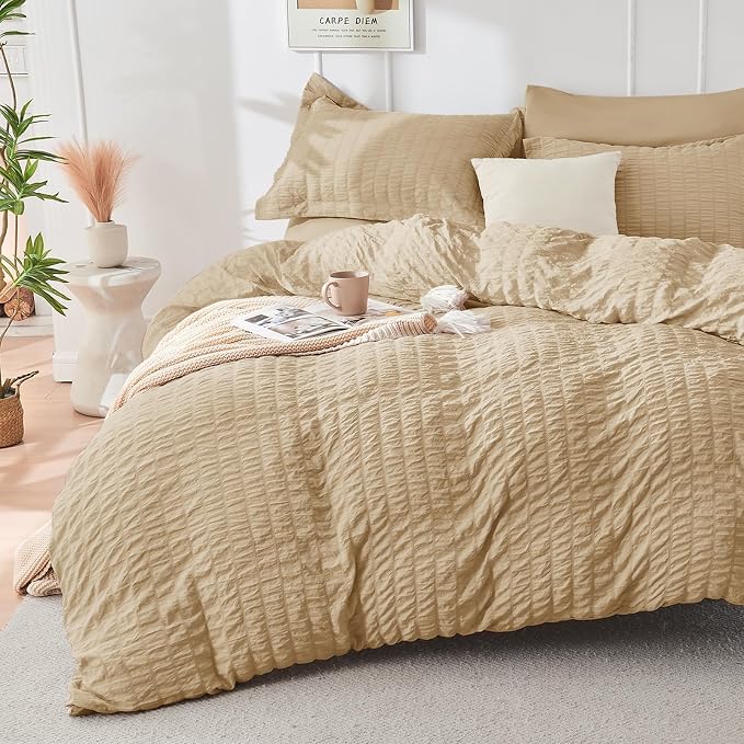 HYMOKEGE Khaki California King Comforter Set Seersucker 7 Pieces, All Season - Image 2
