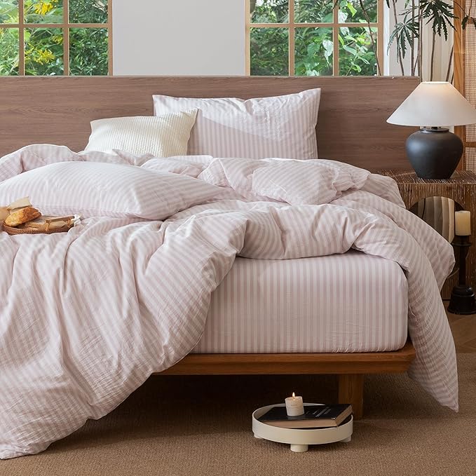 MooMee Striped Duvet Cover Set 100% Washed Cotton Linen Like Textured - Image 6