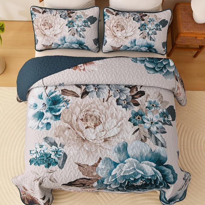 WONGS BEDDING Floral Quilt Set Aqua Queen, Quilted Printed Lightweight - Image 3