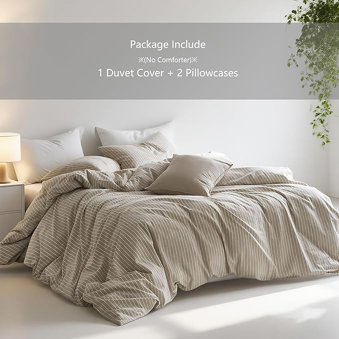Nayoroom Brown Striped Duvet Cover Queen Size 100% Washed Cotton White - Image 2