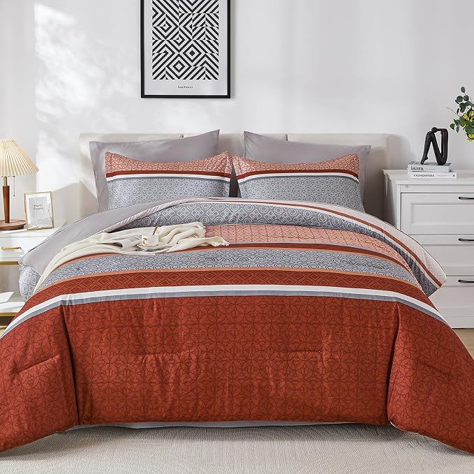 WONGS BEDDING 7 Pieces Comforter Set Queen Size, Burnt Orange Striped Bed in a - Image 2
