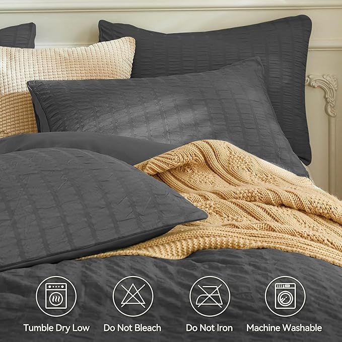 JELLYMONI Charcoal Grey Duvet Cover Twin Size, Soft Breathable Seersucker Duvet - Image 4