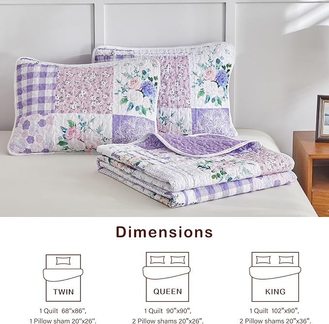 Joyreap 3 Pieces Floral Quilt Set King, Patchwork Purple n Pink Flowers Design - Image 7