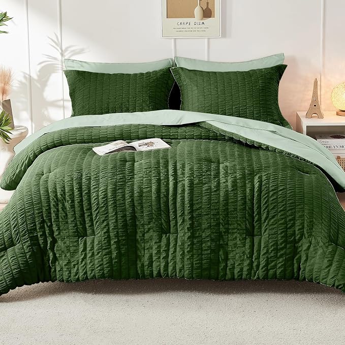 HYMOKEGE Dark Green/Sage Green Full Size Comforter Sets Seersucker 7 Pieces - Image 9