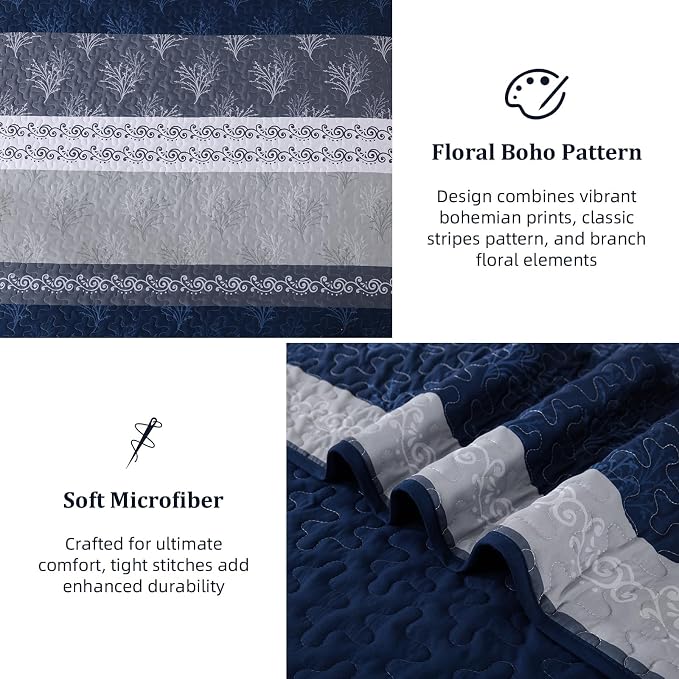 DJY Stripe Quilt Set King Size Navy Blue Bedspread Coverlet Set 3 Pieces Boho - Image 6