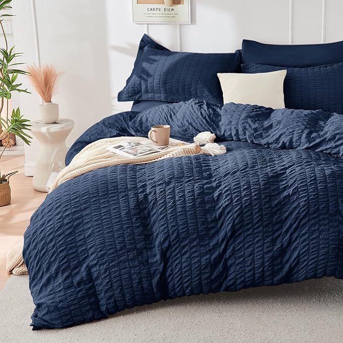 HYMOKEGE Navy Blue Twin Size Duvet Cover, Ultra Soft 2-Piece Seersucker Duvet by HYMOKEGE