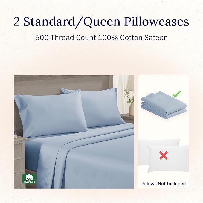 Luxuriously Soft Premium 600 Thread Count, 100% Cotton Set of 2 Cases, Crisp - Image 4