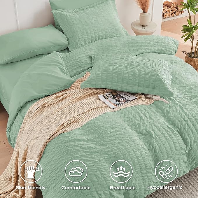 HYMOKEGE Sage Green Full Size Comforter Sets Seersucker 7 Pieces, All Season - Image 3