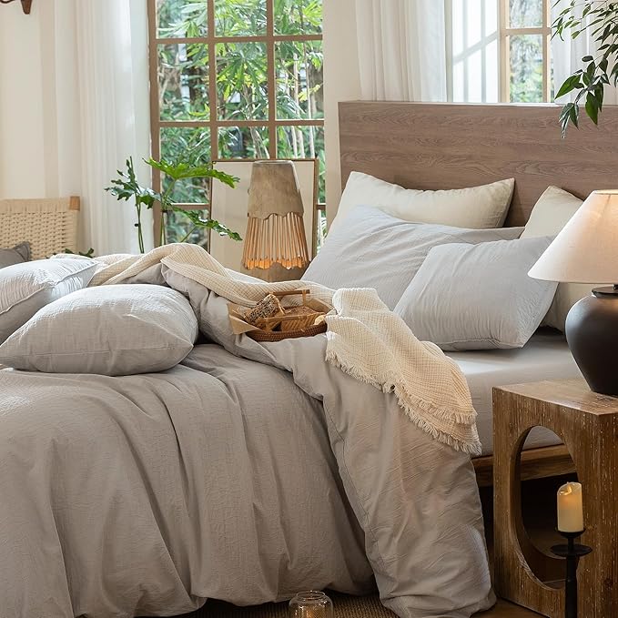 MooMee Wavy Striped Duvet Cover Set 100% Washed Cotton Linen Like Textured - Image 5