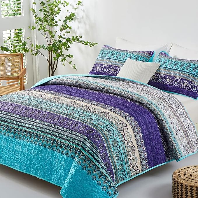 WONGS BEDDING Boho Quilt Set, Lightweight Microfiber Bed Decor Bedspread - Image 2