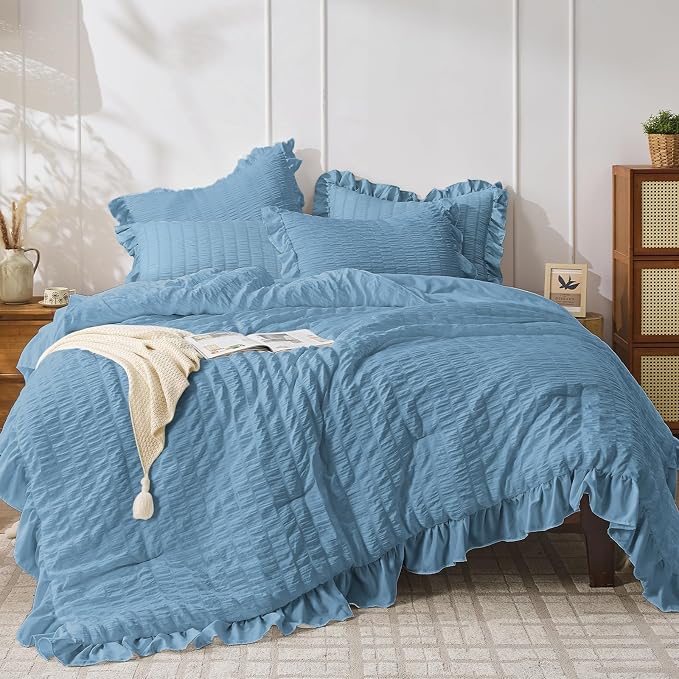 JOLLYVOGUE King Size Comforter Set, 3 Pieces Sea Blue Seersucker Comforters by JOLLYVOGUE