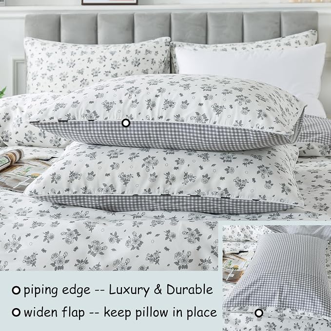 FADFAY Twin Size Duvet Cover Set 100% Cotton Grey White Floral Comforter Cover - Image 4